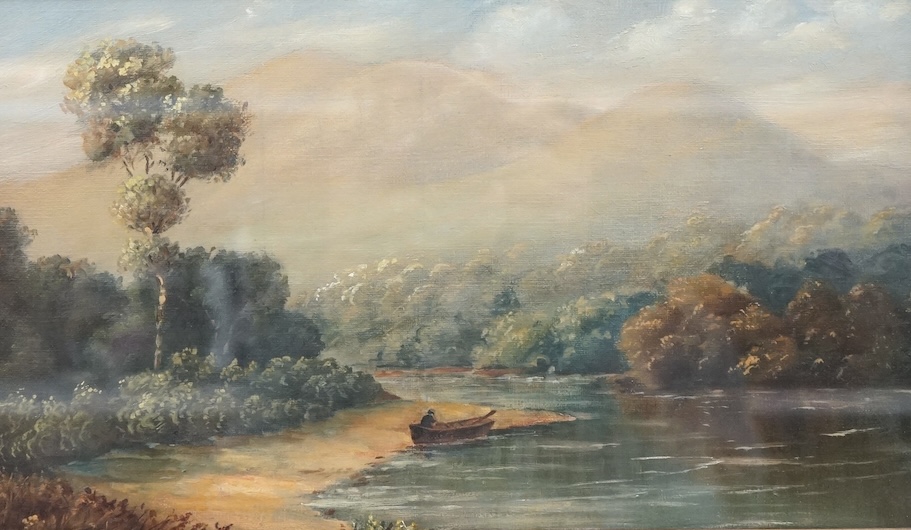 20th century, oil on canvas, Lake scene with fisherman, 22 x 36cm, gilt framed